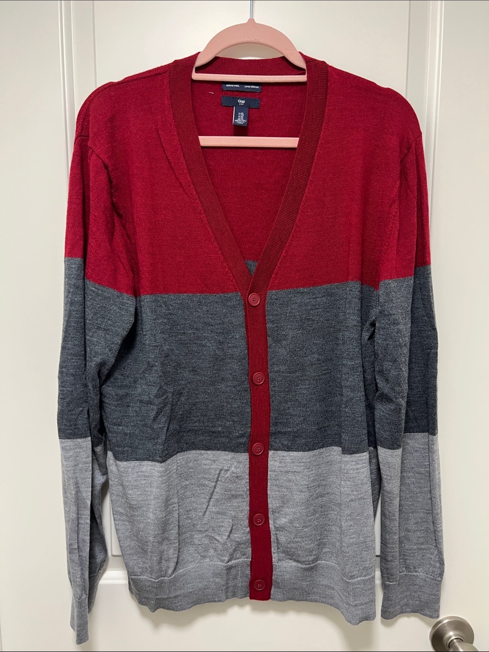 GAP Red and Gray Stripe V-Neck Button Cardigan